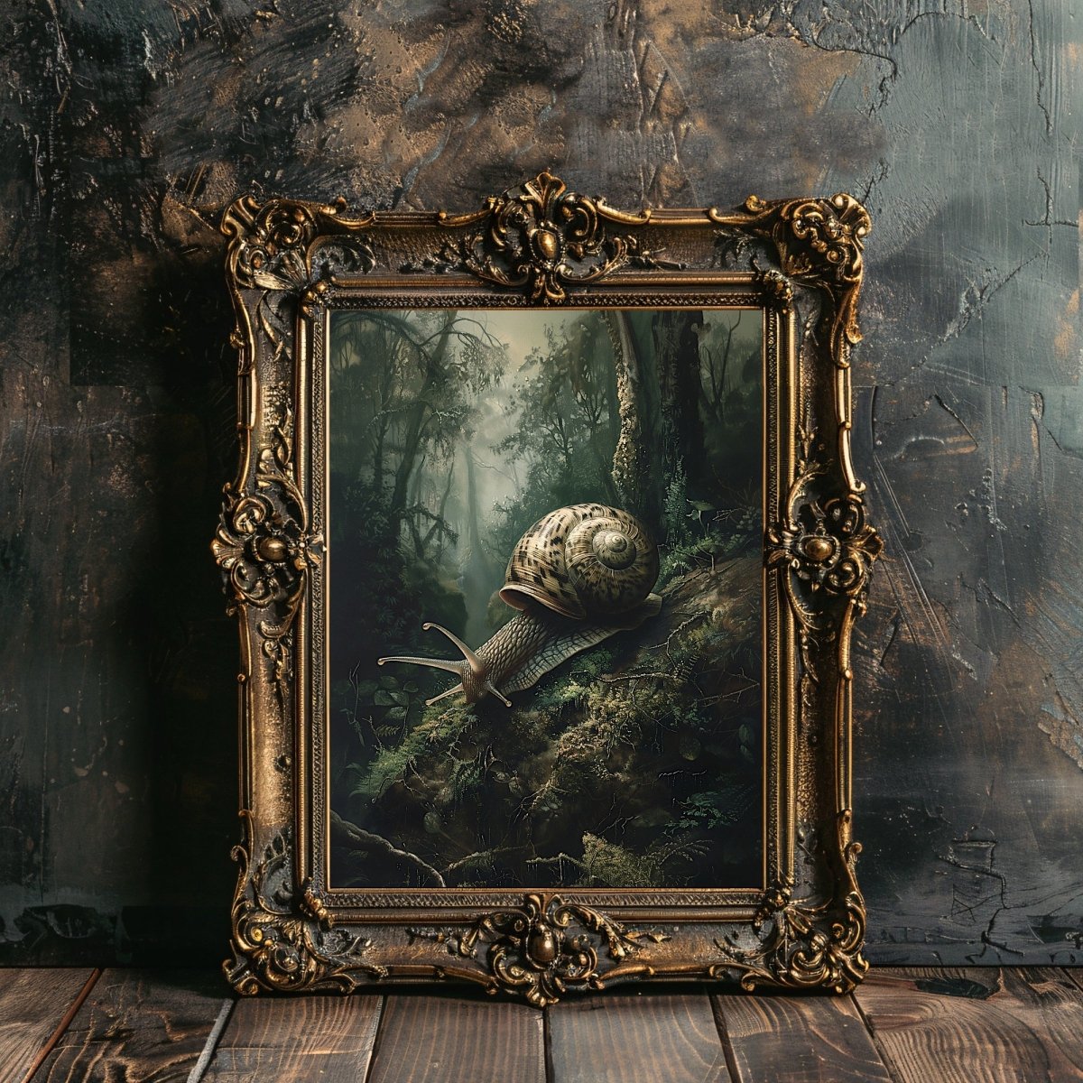 Snail on Mossy Ground in Moody Woodland Painting - Slug Wildlife Wall Decor - Gothic Wall Art Print - Everything Pixel