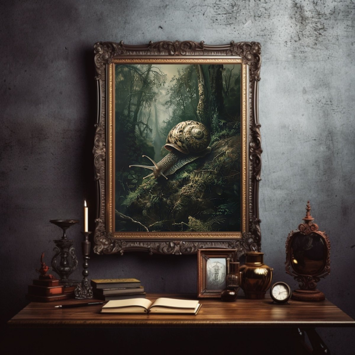 Snail on Mossy Ground in Moody Woodland Painting - Slug Wildlife Wall Decor - Gothic Wall Art Print - Everything Pixel