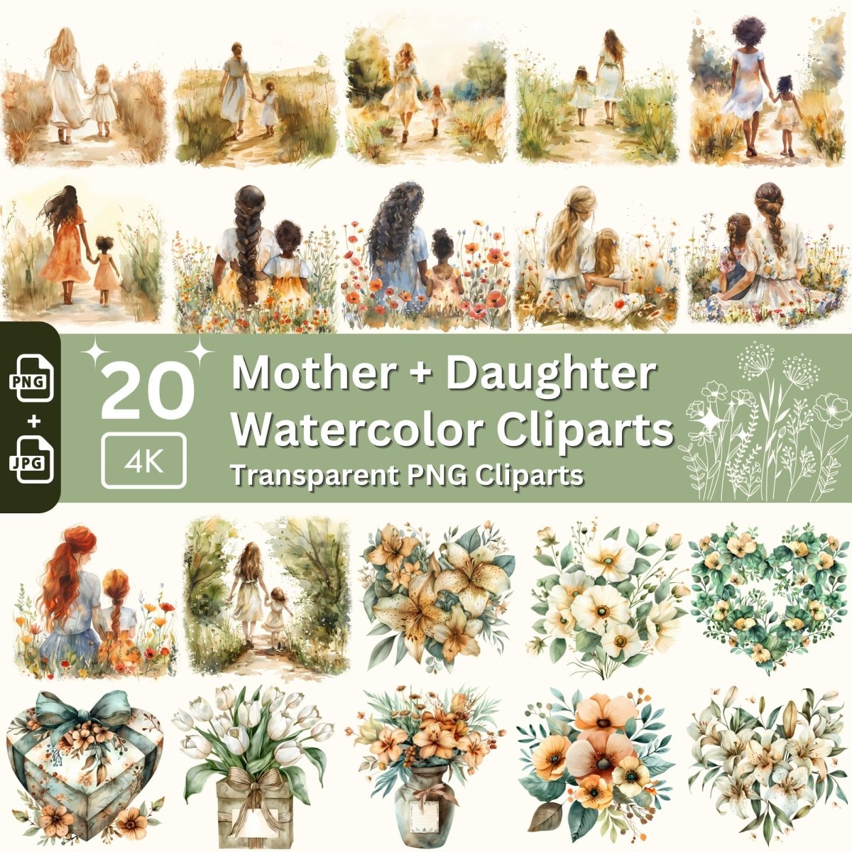 Soft Pastel Mother and Daughter Clipart - Mother's Day Collection - Everything Pixel