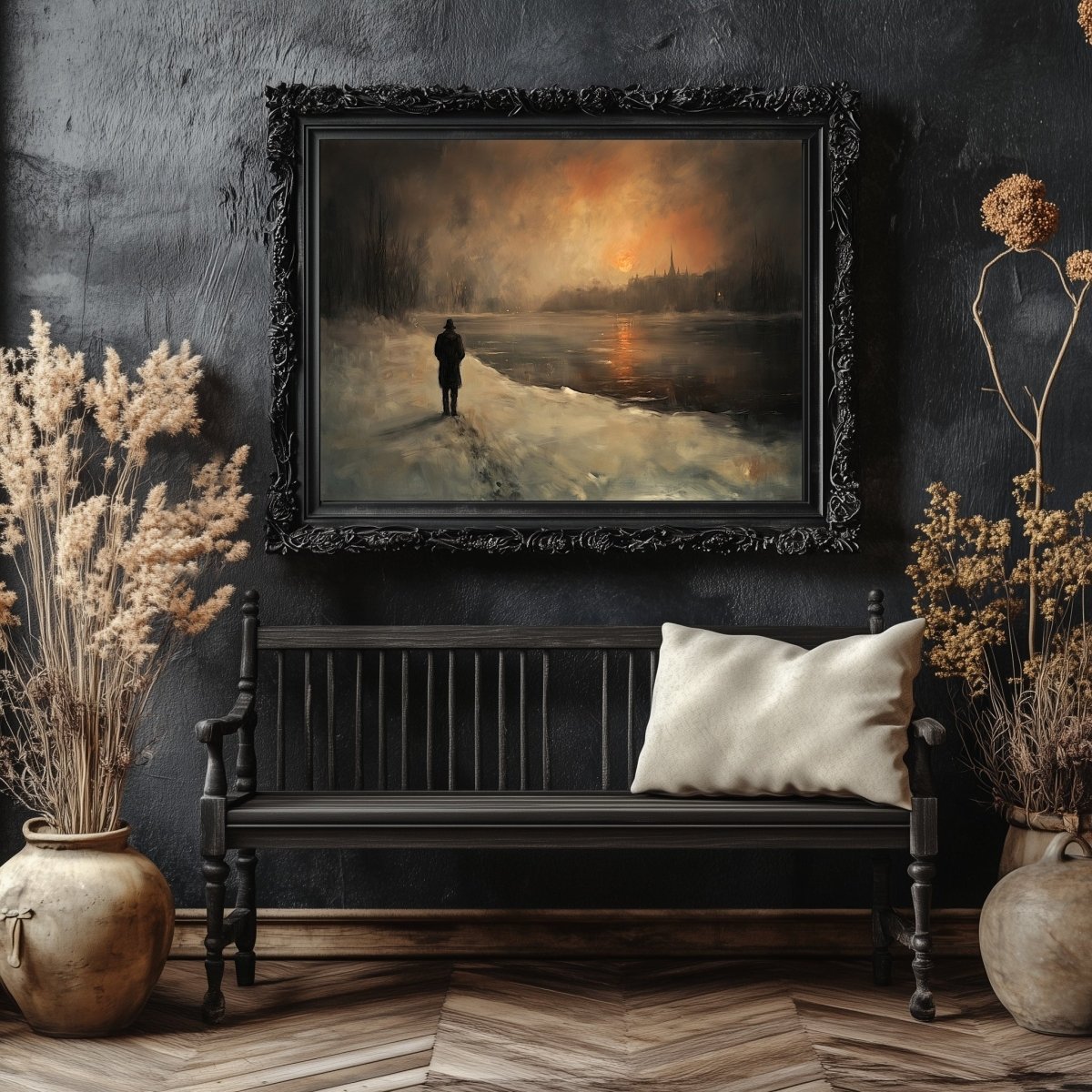 Solitary Winter Walk Wall Art Print – Man by Frozen River at Dusk with Fiery Sunset - Everything Pixel