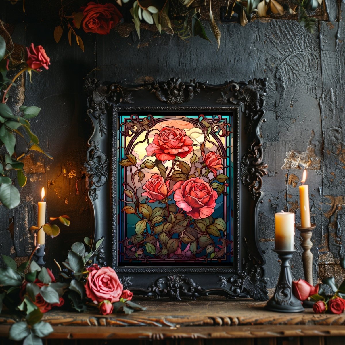 Stained Glass Roses Wall Art Dark Gothic Artwork Moody Painting Witchy Art Gift for Gothic Fans Dark Aesthetic Room Decor Paper Poster Print - Everything Pixel