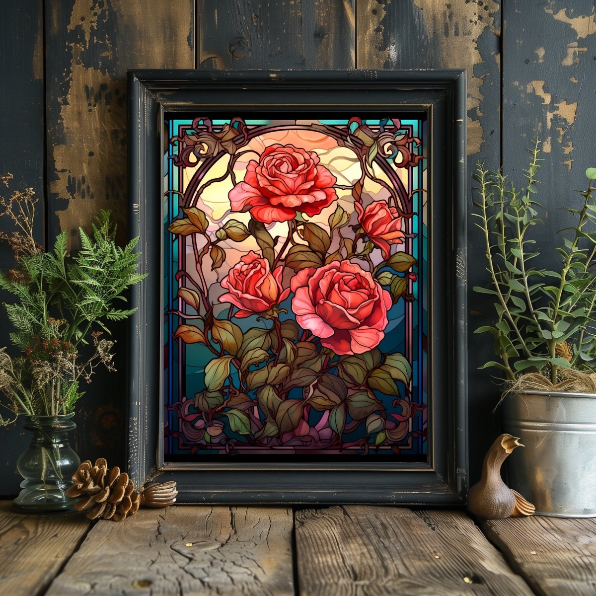 Stained Glass Roses Wall Art Dark Gothic Artwork Moody Painting Witchy Art Gift for Gothic Fans Dark Aesthetic Room Decor Paper Poster Print - Everything Pixel
