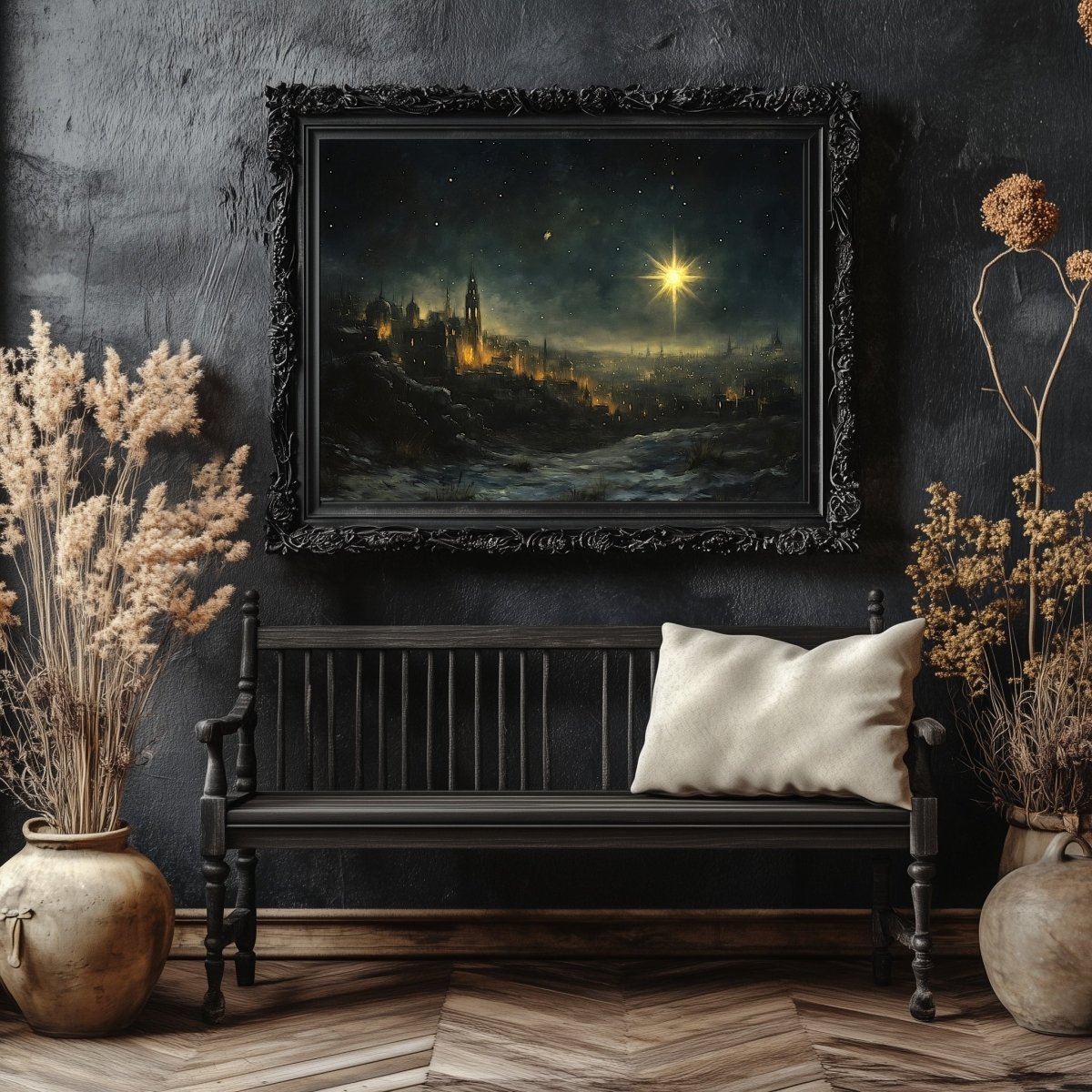 Star of Bethlehem Wall Art Print – Golden Star Illuminating Ancient City, Nativity Inspired Scene - Everything Pixel