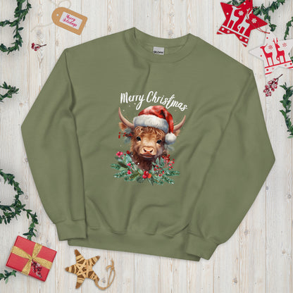 Christmas Highland Cow Pullover - High Quality Festive Family Unisex Sweatshirt, Gift for Cow Lovers, Cute Christmas Shirt, Cow with Santa Hat