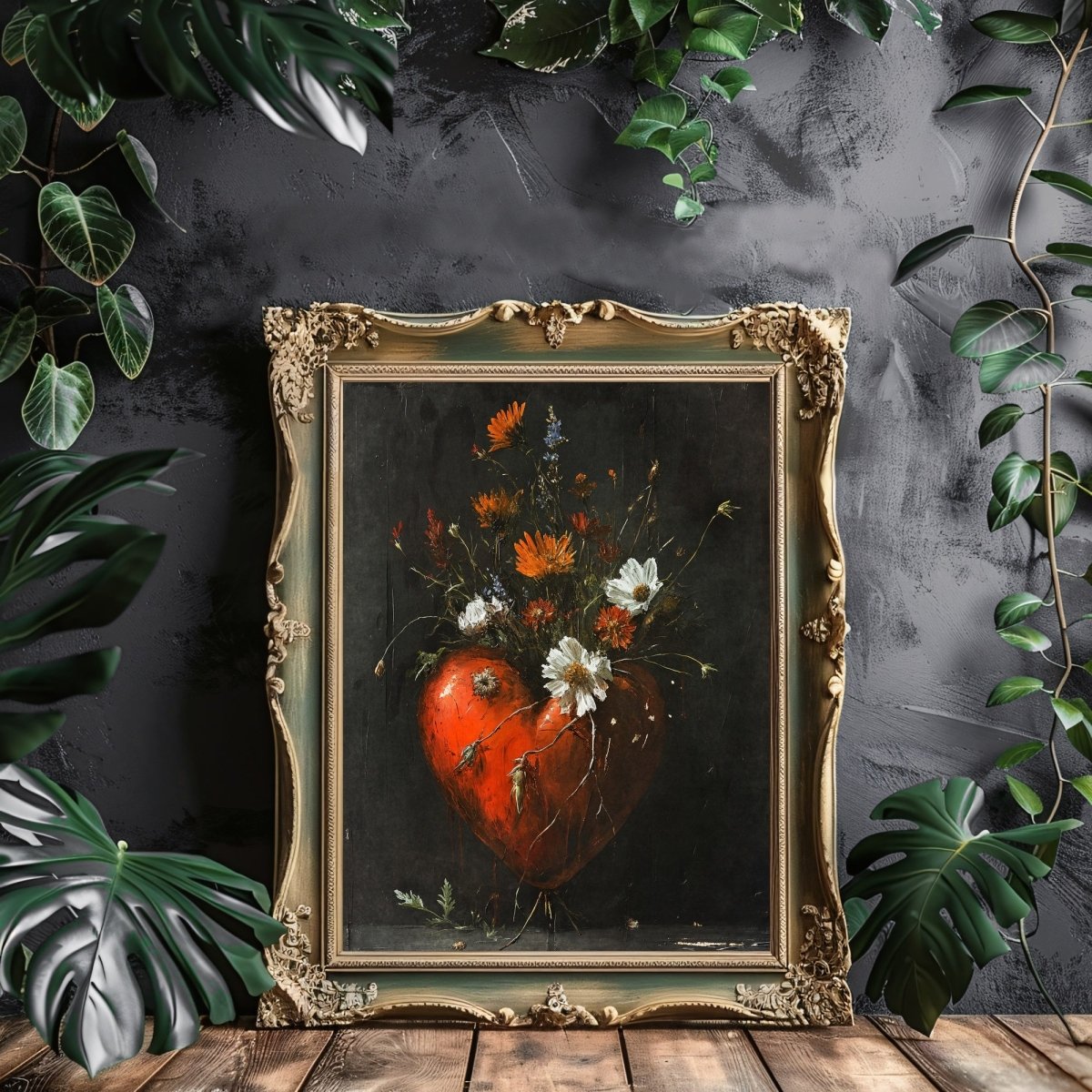 Valentine Wildflowers Wall Art Still Life Oil Painting Heart with Wildflowers Gothic Decor Goblincore Decor Dark Romance Print Paper Poster Print - Everything Pixel