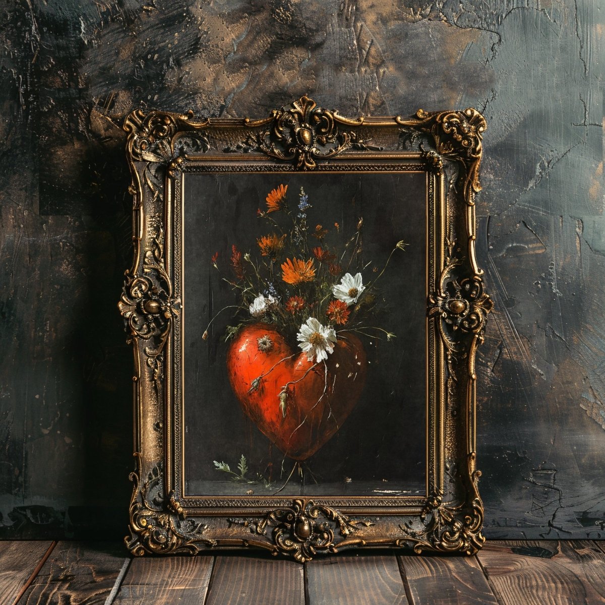 Valentine Wildflowers Wall Art Still Life Oil Painting Heart with Wildflowers Gothic Decor Goblincore Decor Dark Romance Print Paper Poster Print - Everything Pixel