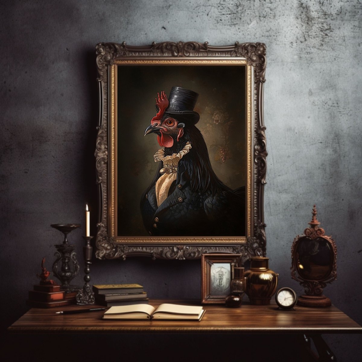 Victorian Black Chicken Wall Art Print - Quirky Gothic Animal Portrait Art - Everything Pixel