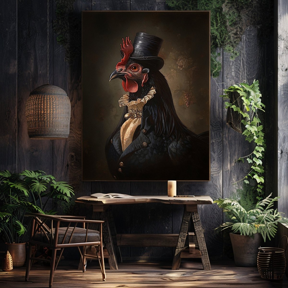 Victorian Black Chicken Wall Art Print - Quirky Gothic Animal Portrait Art - Everything Pixel