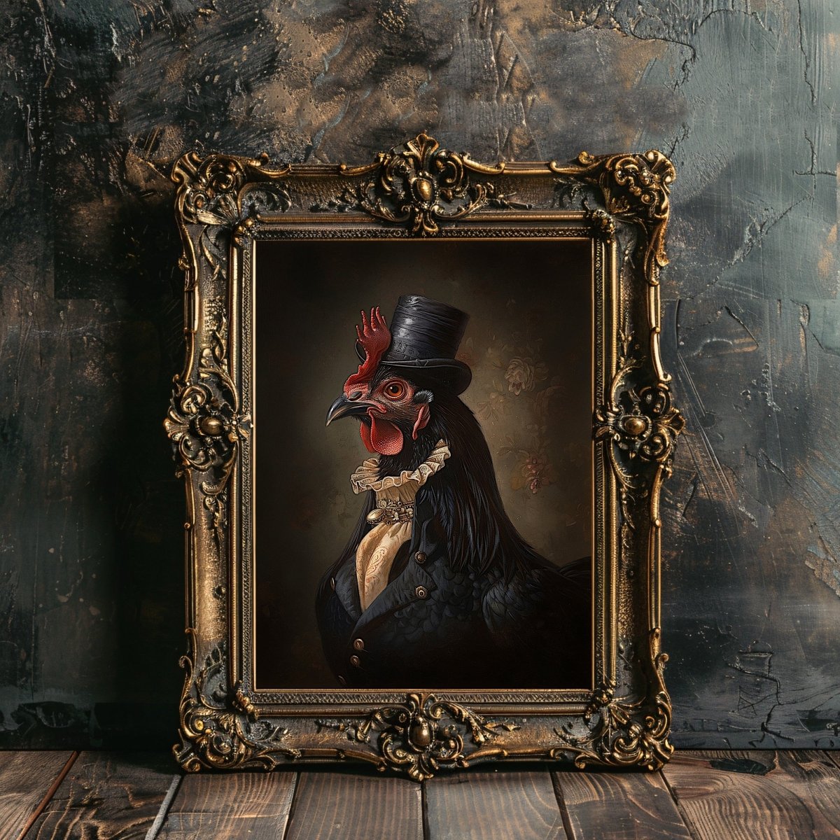 Victorian Black Chicken Wall Art Print - Quirky Gothic Animal Portrait Art - Everything Pixel