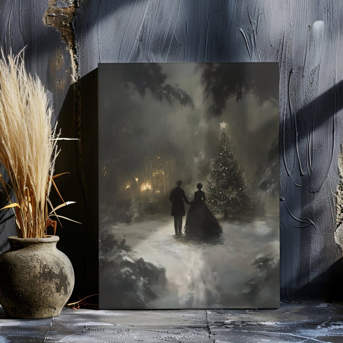 Victorian Christmas Canvas Print - Victorian Couple by Christmas Tree for Cottagecore & Farmhouse Holiday Decor - Everything Pixel