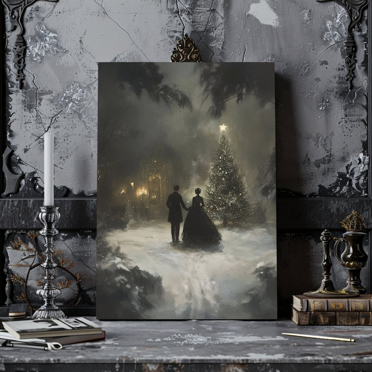 Victorian Christmas Canvas Print - Victorian Couple by Christmas Tree for Cottagecore & Farmhouse Holiday Decor - Everything Pixel