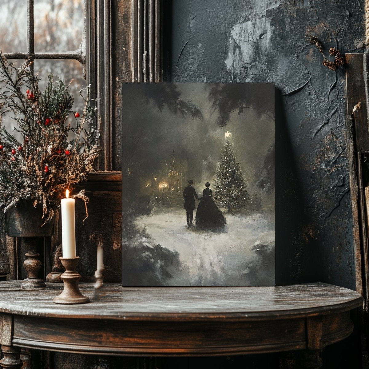 Victorian Christmas Canvas Print - Victorian Couple by Christmas Tree for Cottagecore & Farmhouse Holiday Decor - Everything Pixel