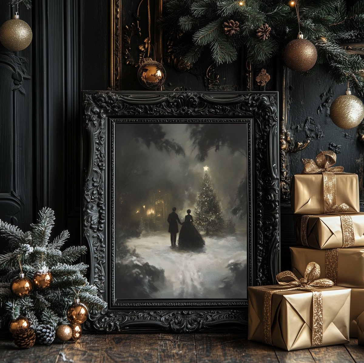 Victorian Christmas Wall Art Print - Vintage Christmas Tree Scene for Holiday Farmhouse Decor - Everything Pixel