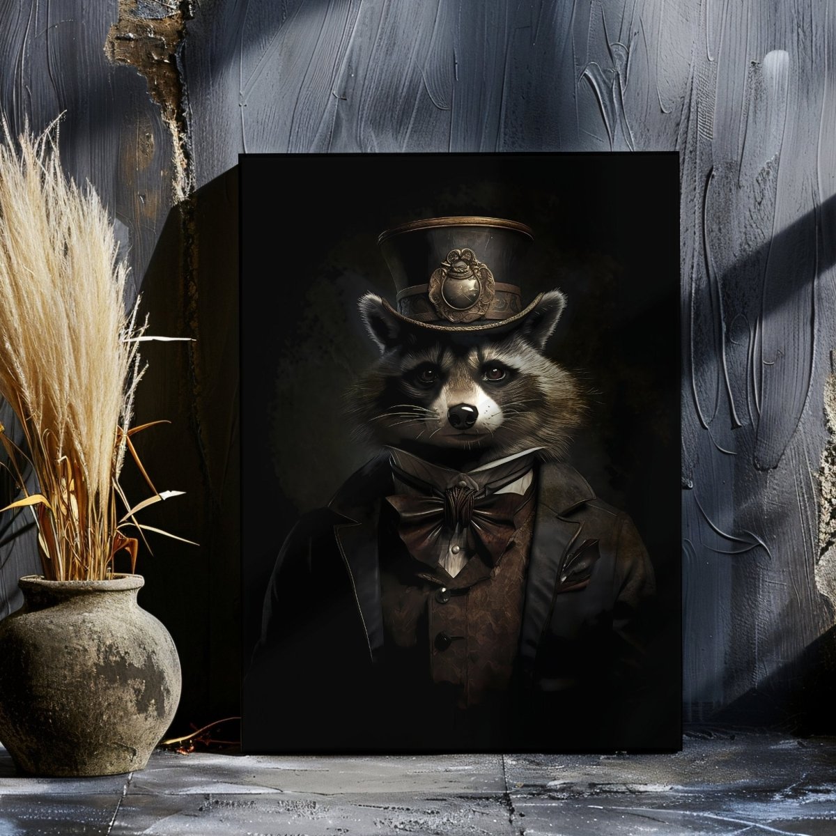 Victorian Raccoon Portrait Canvas Print - Gothic Home Decor, Animal in Clothes, Maximalist Eclectic Art - Everything Pixel