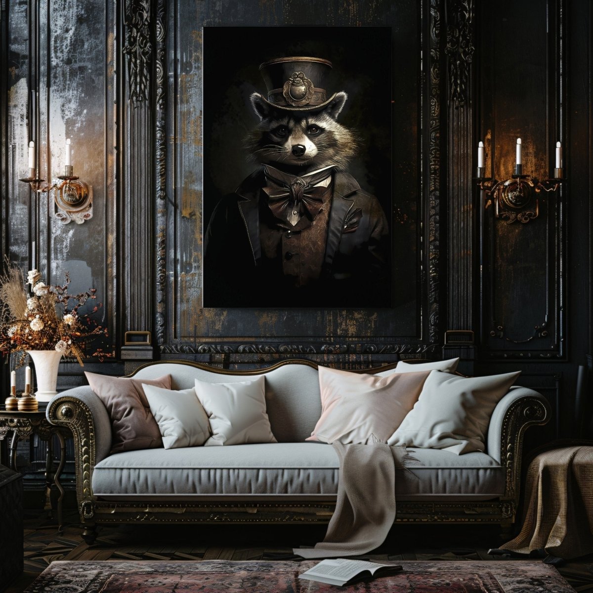 Victorian Raccoon Portrait Canvas Print - Gothic Home Decor, Animal in Clothes, Maximalist Eclectic Art - Everything Pixel