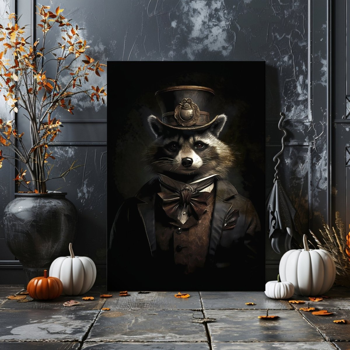 Victorian Raccoon Portrait Canvas Print - Gothic Home Decor, Animal in Clothes, Maximalist Eclectic Art - Everything Pixel