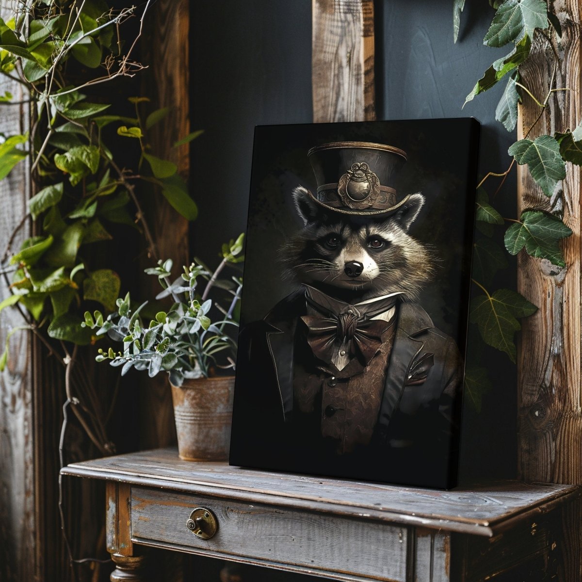 Victorian Raccoon Portrait Canvas Print - Gothic Home Decor, Animal in Clothes, Maximalist Eclectic Art - Everything Pixel
