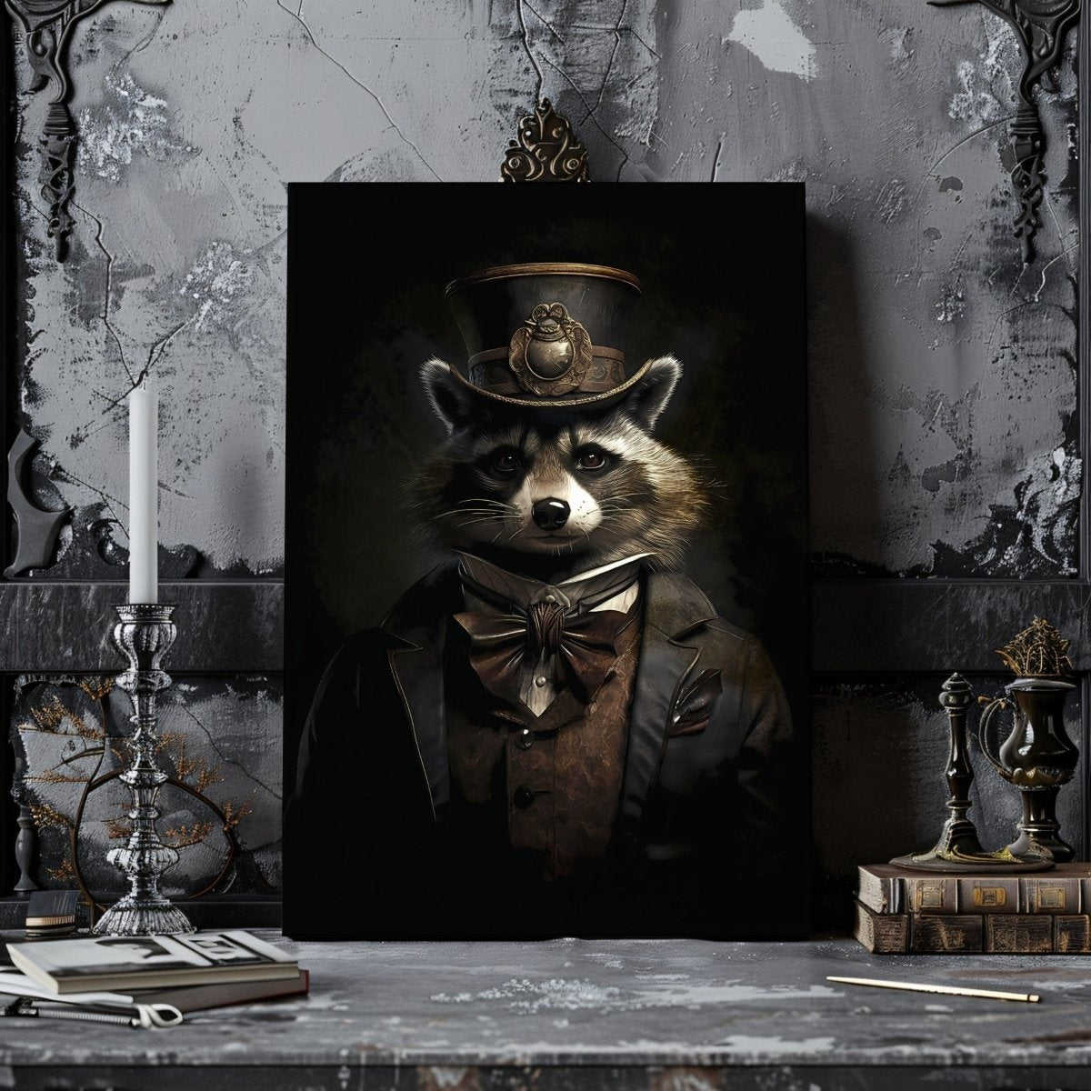 Victorian Raccoon Portrait Canvas Print - Gothic Home Decor, Animal in Clothes, Maximalist Eclectic Art - Everything Pixel