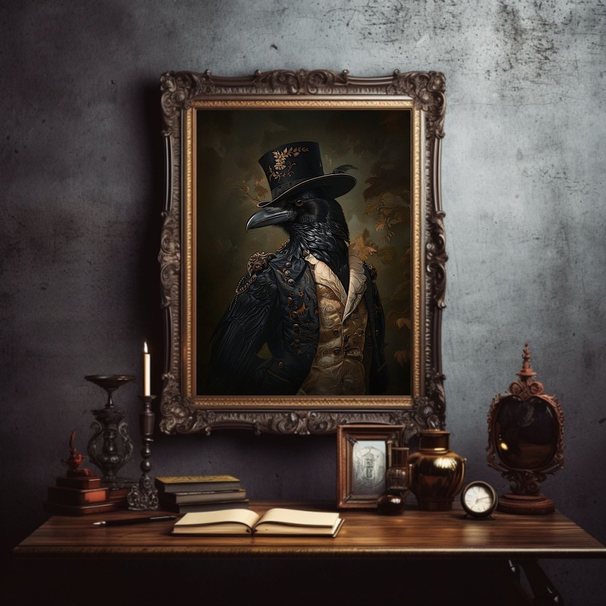 Victorian Raven Gentleman Wall Art Print - Quirky Gothic Animal Portrait Art - Everything Pixel