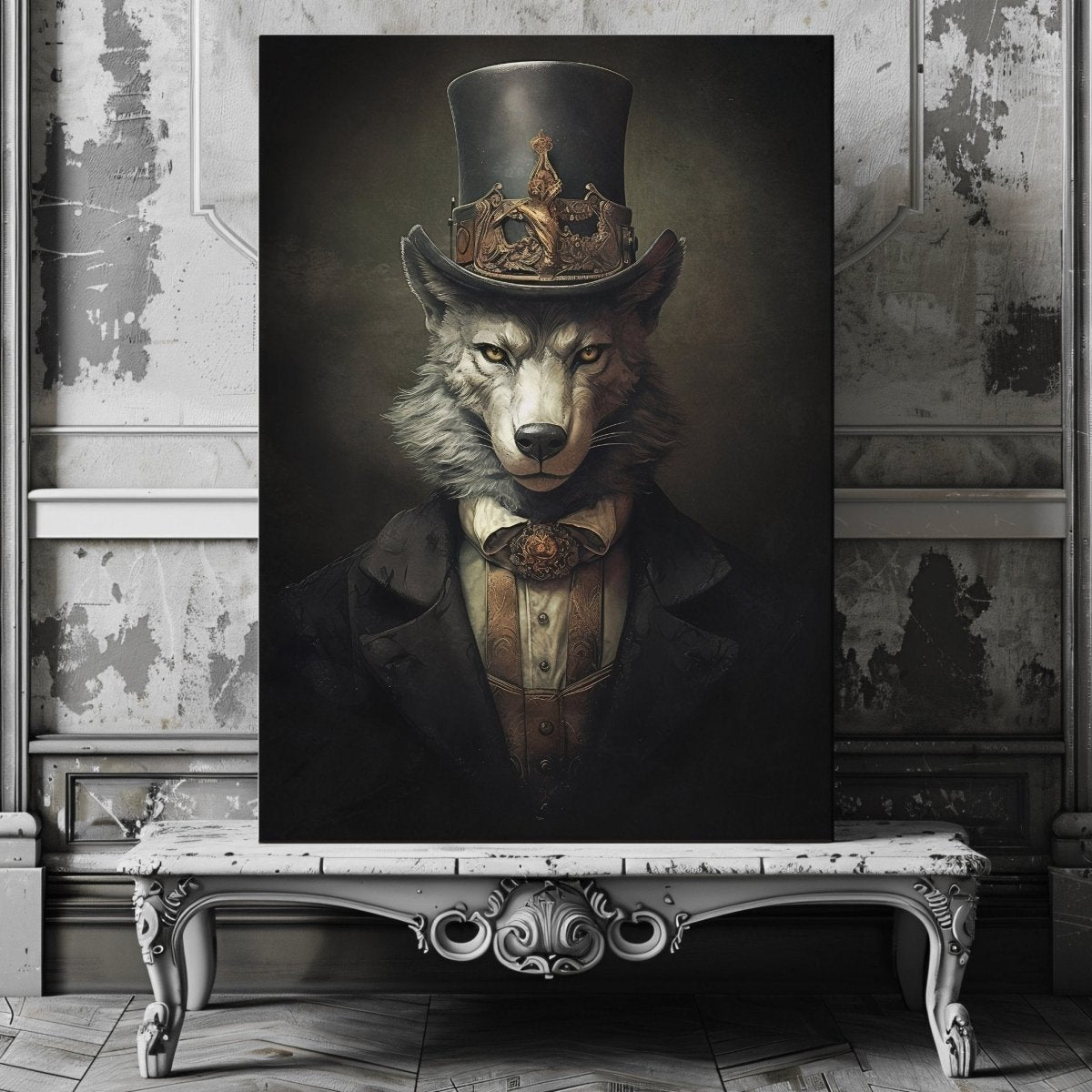 Victorian Wolf Gentleman Canvas Print Dark Cottagecore Vintage Animal Portrait Quirky Decor Gothic Dark Academia Wolf Lover Gift - Everything Pixel