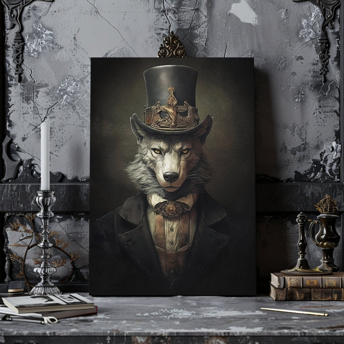 Victorian Wolf Gentleman Canvas Print Dark Cottagecore Vintage Animal Portrait Quirky Decor Gothic Dark Academia Wolf Lover Gift - Everything Pixel