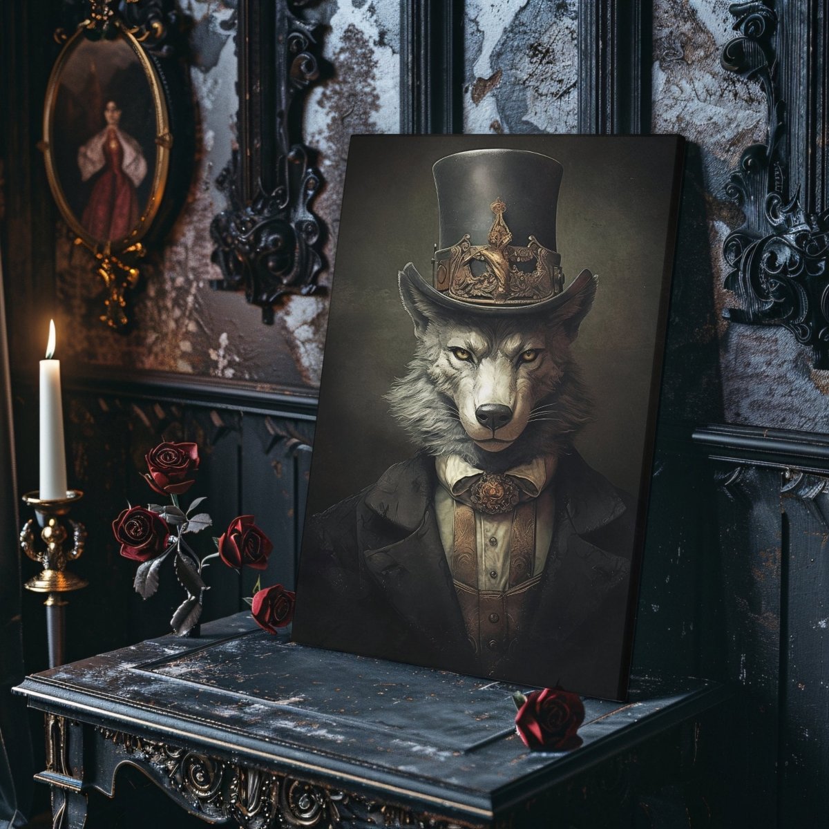 Victorian Wolf Gentleman Canvas Print Dark Cottagecore Vintage Animal Portrait Quirky Decor Gothic Dark Academia Wolf Lover Gift - Everything Pixel