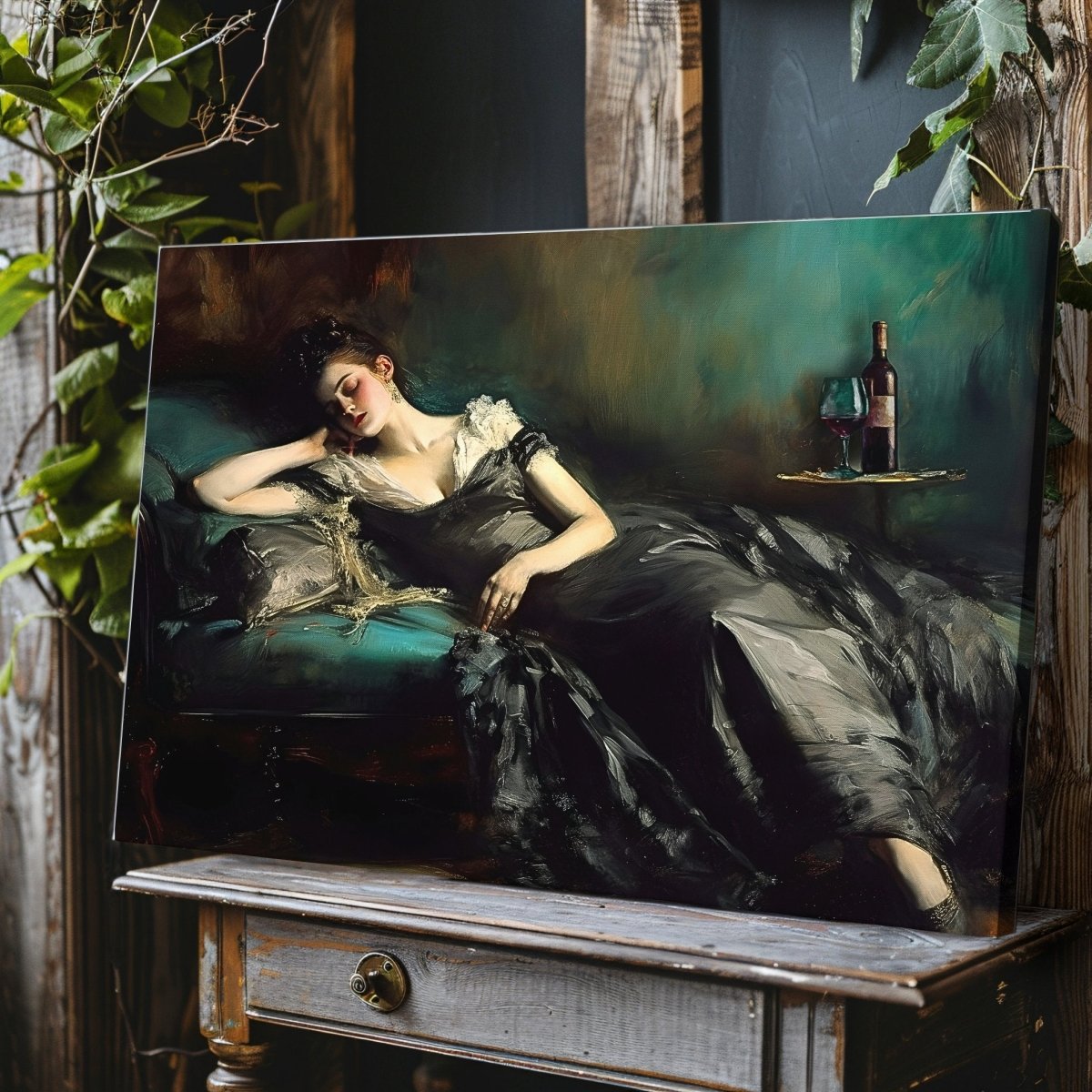 Victorian Woman Sleeping on Divan with Wine Bottle - Vintage Dark Academia Decor - Gothic Canvas Wall Art Print - Everything Pixel