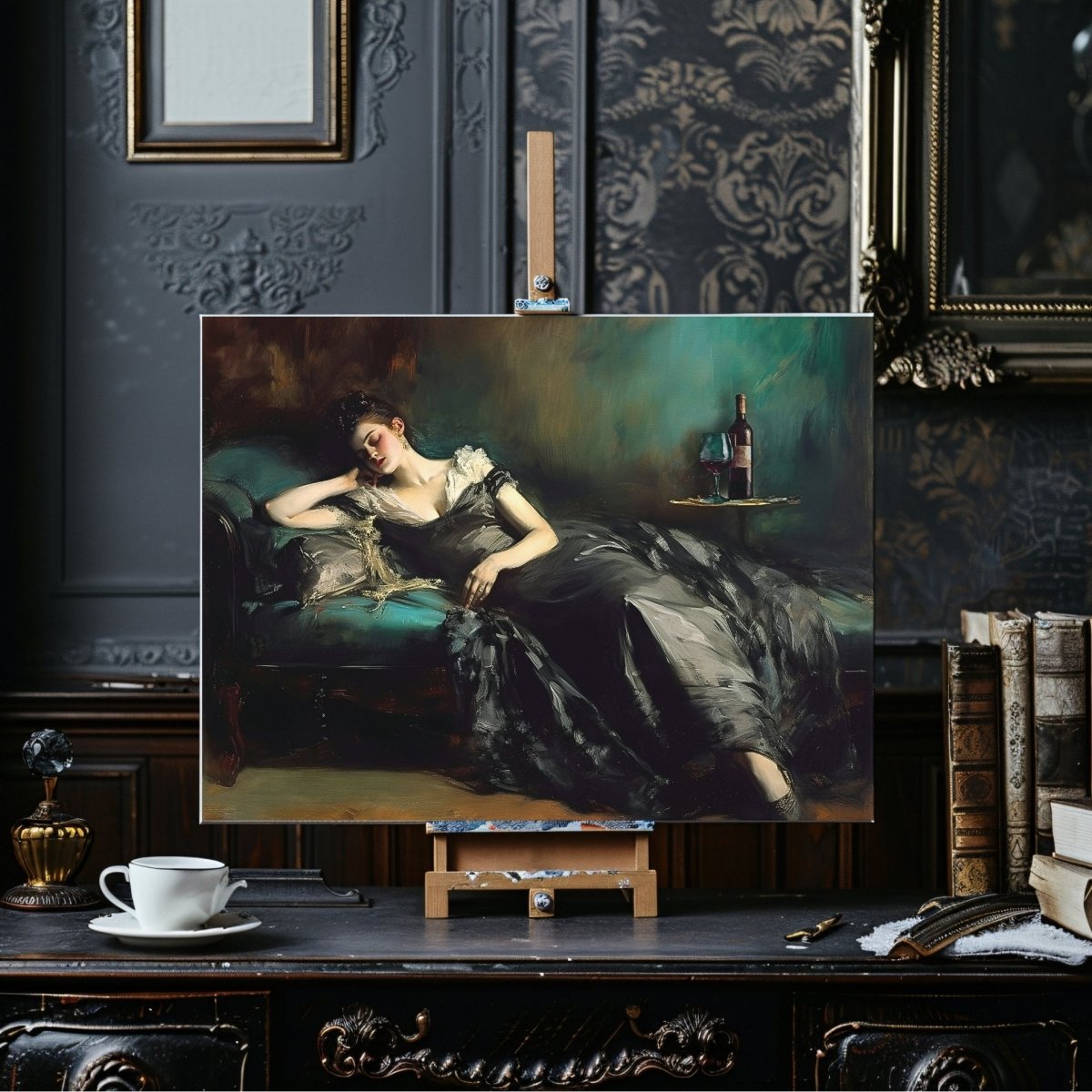 Victorian Woman Sleeping on Divan with Wine Bottle - Vintage Dark Academia Decor - Gothic Canvas Wall Art Print - Everything Pixel