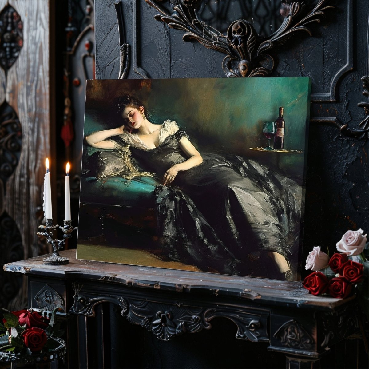 Victorian Woman Sleeping on Divan with Wine Bottle - Vintage Dark Academia Decor - Gothic Canvas Wall Art Print - Everything Pixel