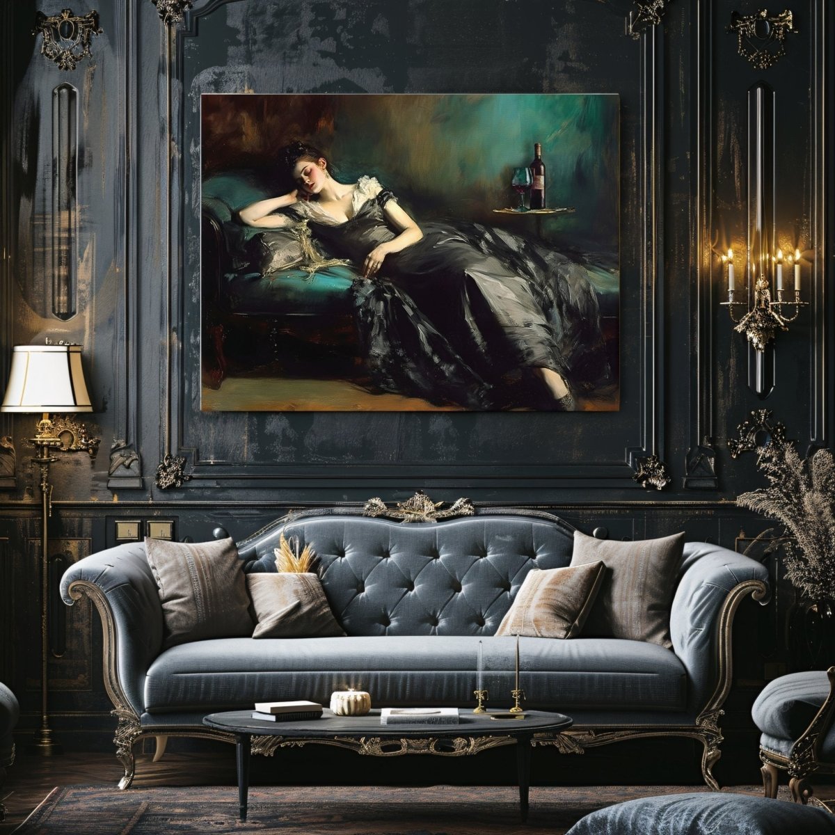 Victorian Woman Sleeping on Divan with Wine Bottle - Vintage Dark Academia Decor - Gothic Canvas Wall Art Print - Everything Pixel