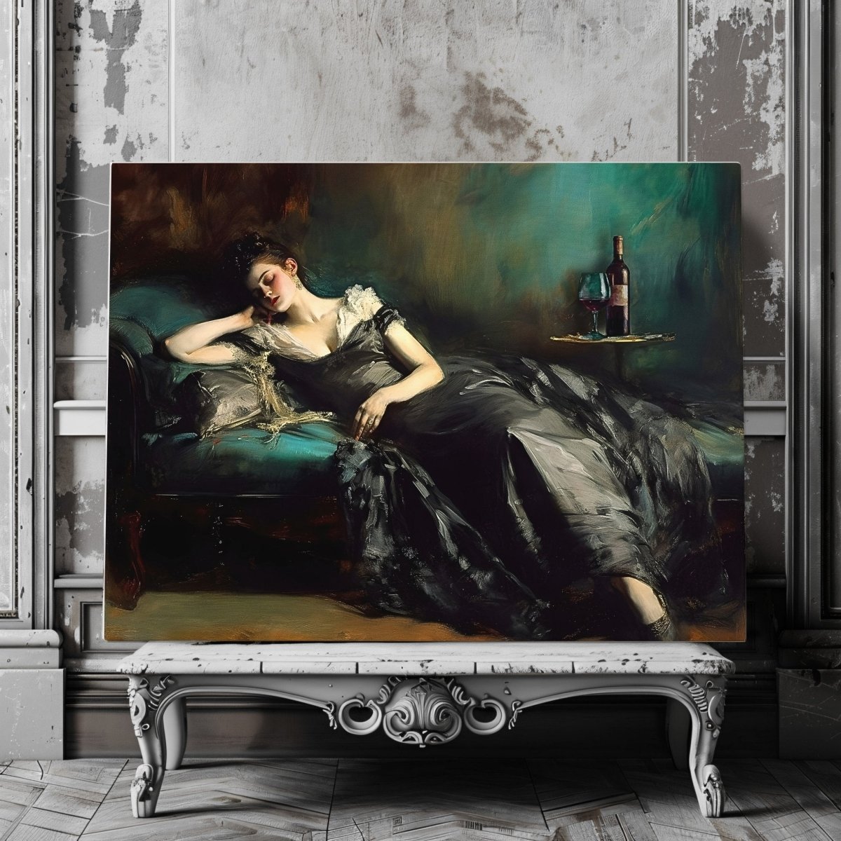 Victorian Woman Sleeping on Divan with Wine Bottle - Vintage Dark Academia Decor - Gothic Canvas Wall Art Print - Everything Pixel
