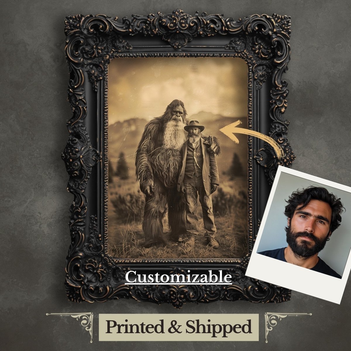 Vintage Bigfoot Explorer Wall Art – Customizable Funny Sasquatch Print - Everything Pixel