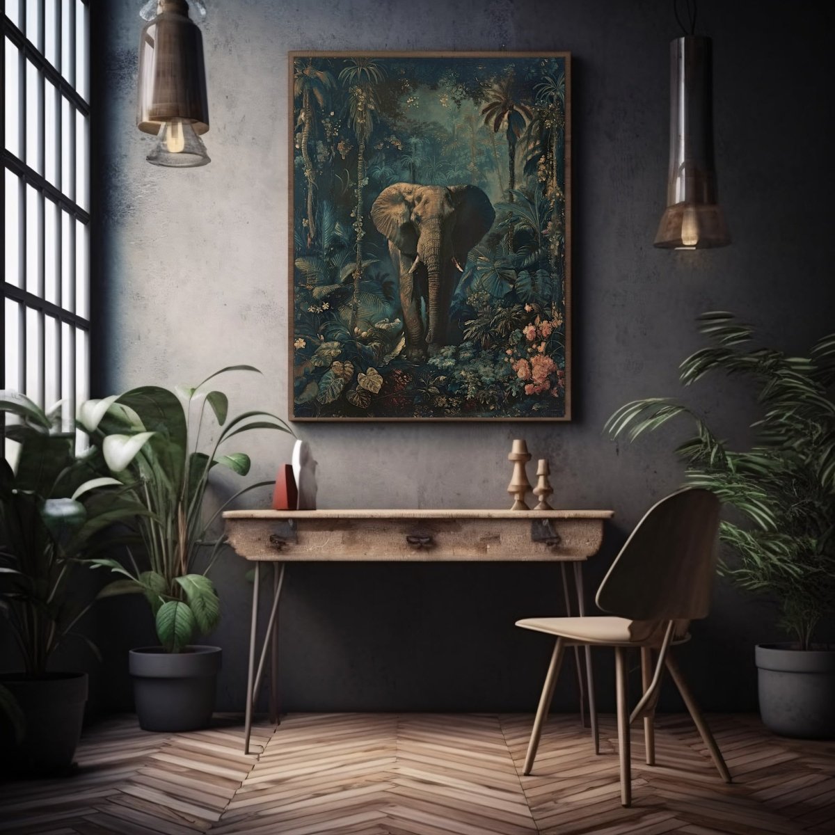 Vintage Elephant in Dark Jungle - Gothic Wall Art Print - Everything Pixel