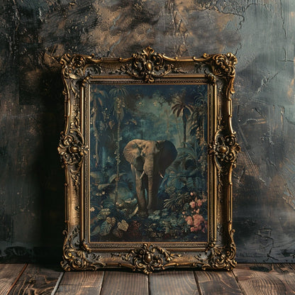 Vintage Elephant in Dark Jungle - Gothic Wall Art Print - Everything Pixel