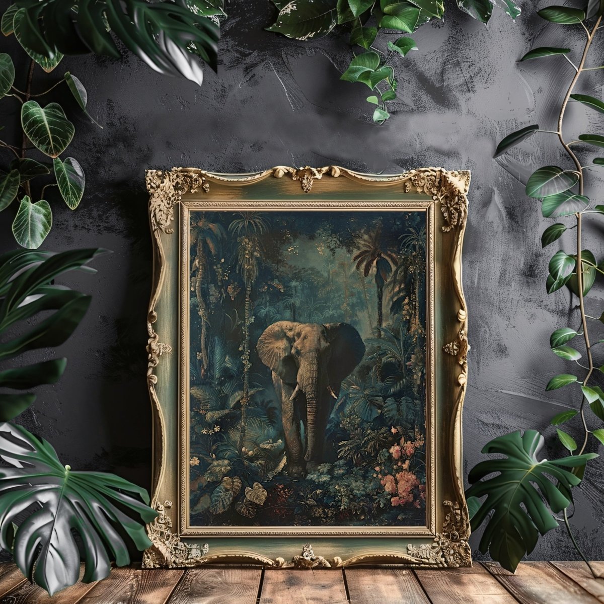 Vintage Elephant in Dark Jungle - Gothic Wall Art Print - Everything Pixel