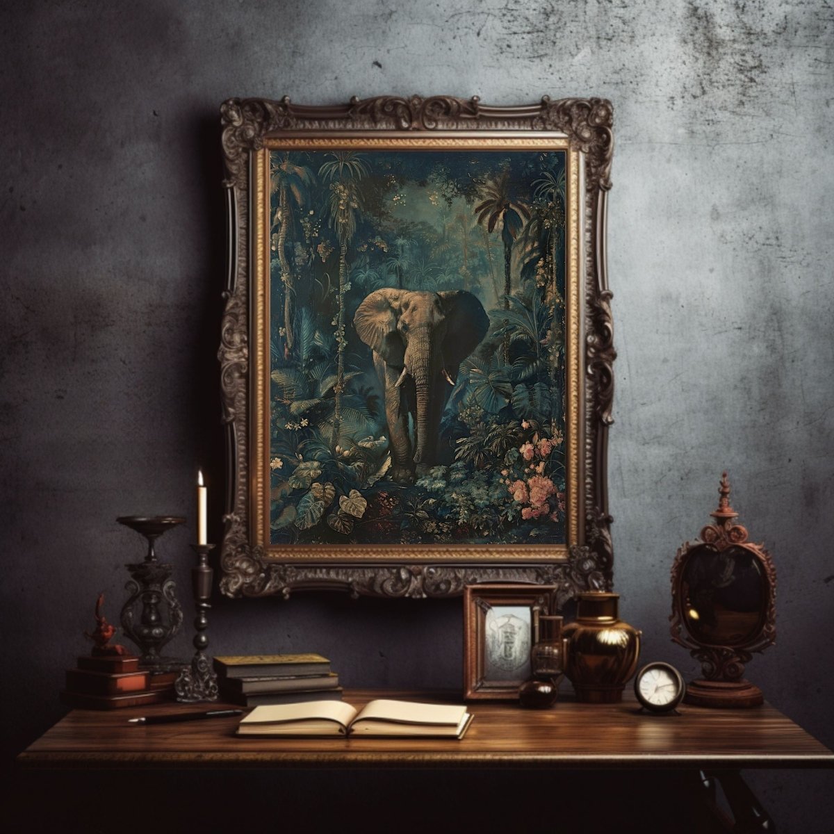 Vintage Elephant in Dark Jungle - Gothic Wall Art Print - Everything Pixel