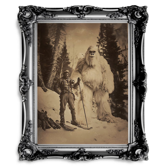 Vintage Explorer and Yeti Wall Art Print – Adventure Meets Folklore in a Snowy Forest - Everything Pixel