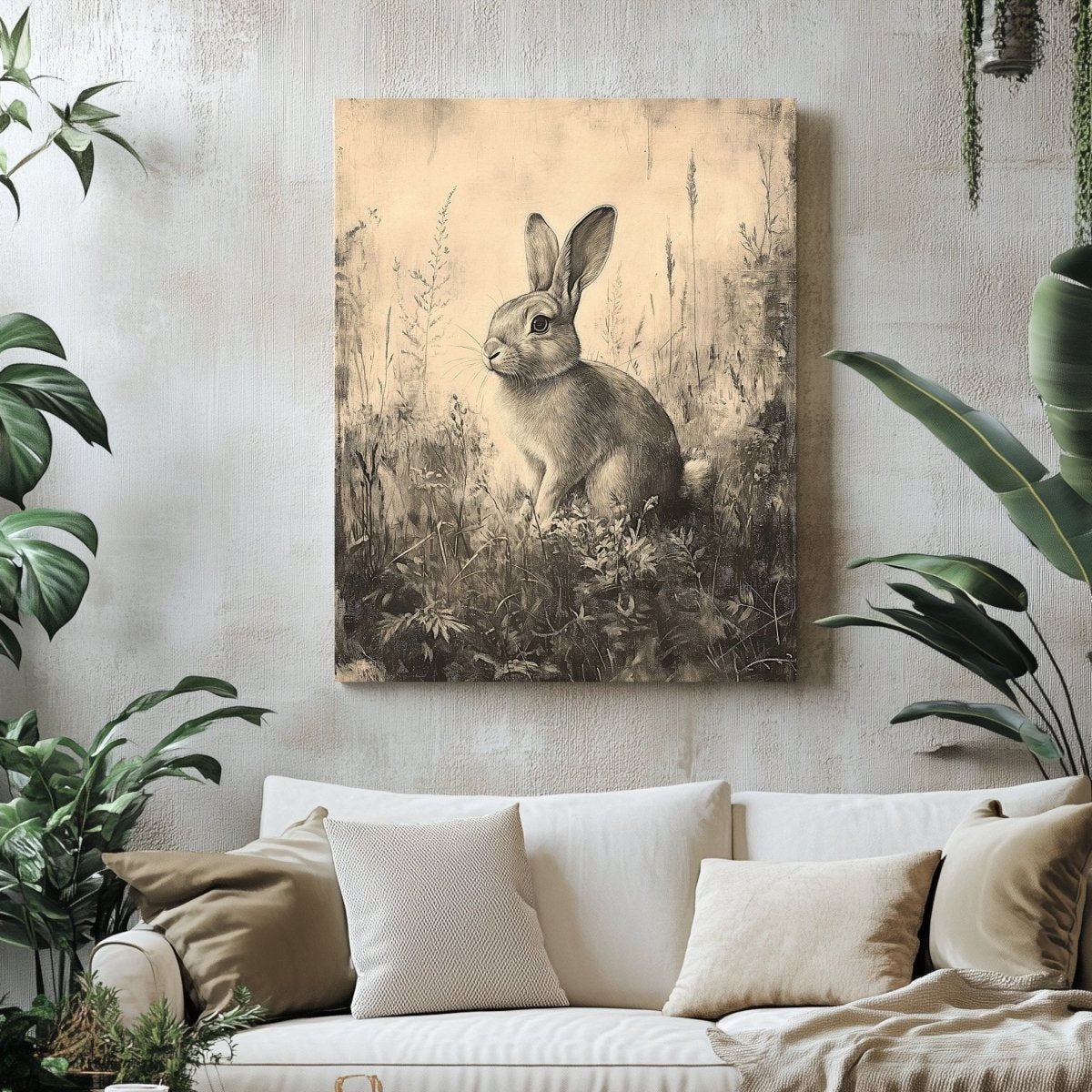 Vintage Rabbit Canvas Print – Monochrome Sketch of Bunny in Meadow for Nature - Inspired Spaces - Everything Pixel