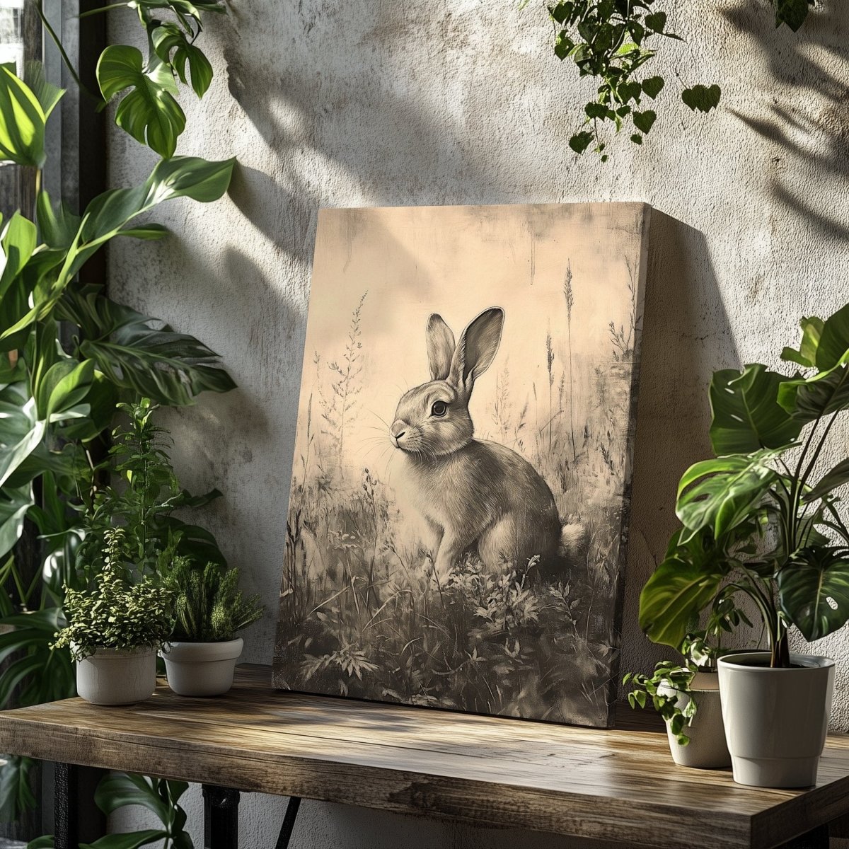 Vintage Rabbit Canvas Print – Monochrome Sketch of Bunny in Meadow for Nature - Inspired Spaces - Everything Pixel