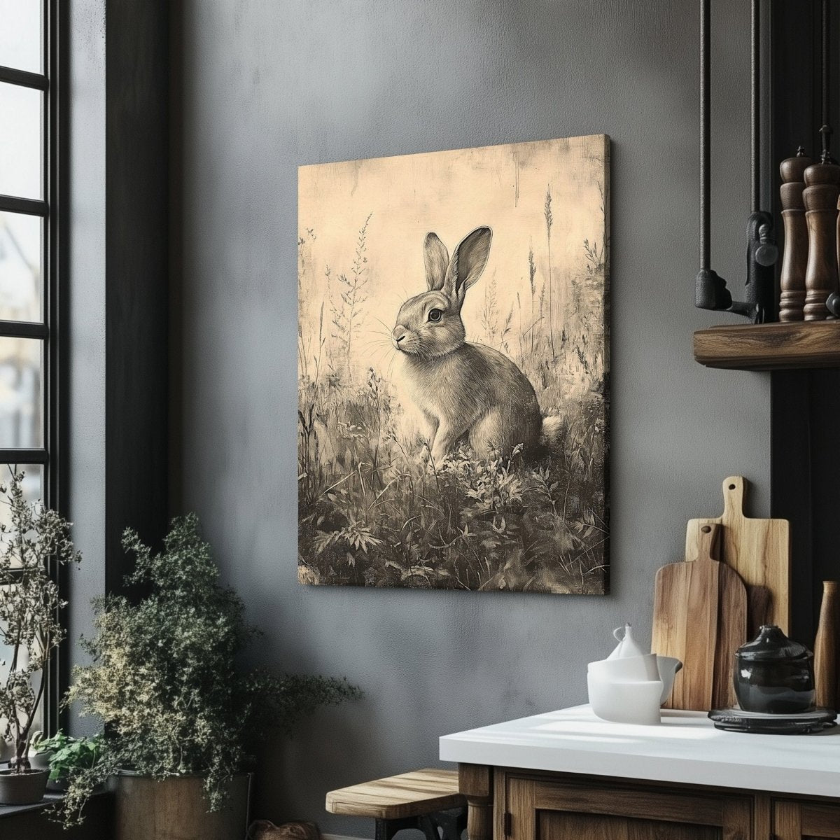 Vintage Rabbit Canvas Print – Monochrome Sketch of Bunny in Meadow for Nature - Inspired Spaces - Everything Pixel