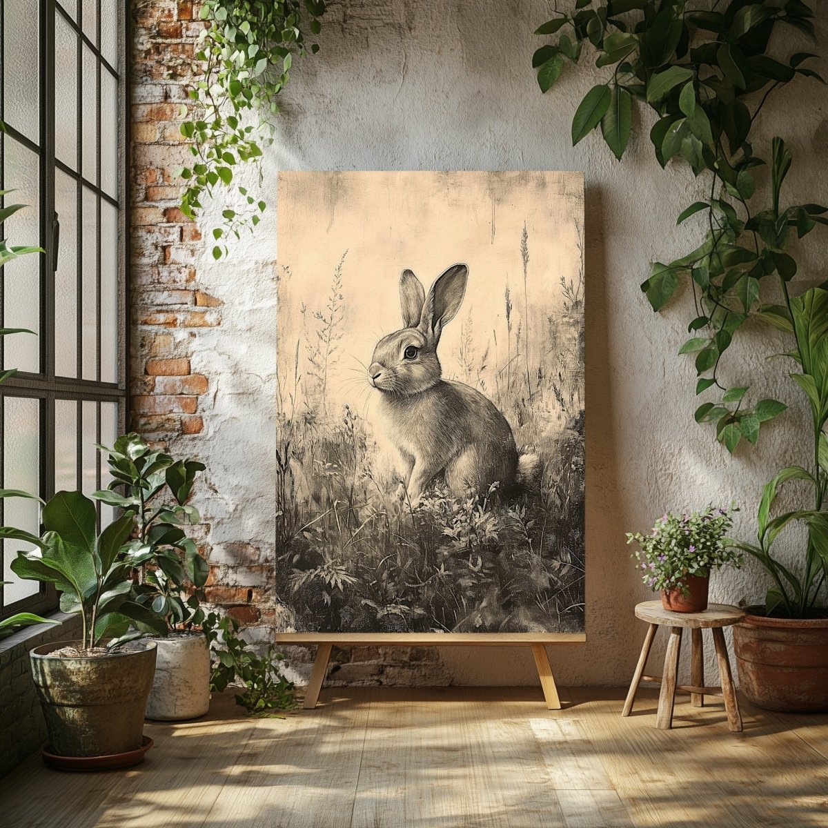 Vintage Rabbit Canvas Print – Monochrome Sketch of Bunny in Meadow for Nature - Inspired Spaces - Everything Pixel