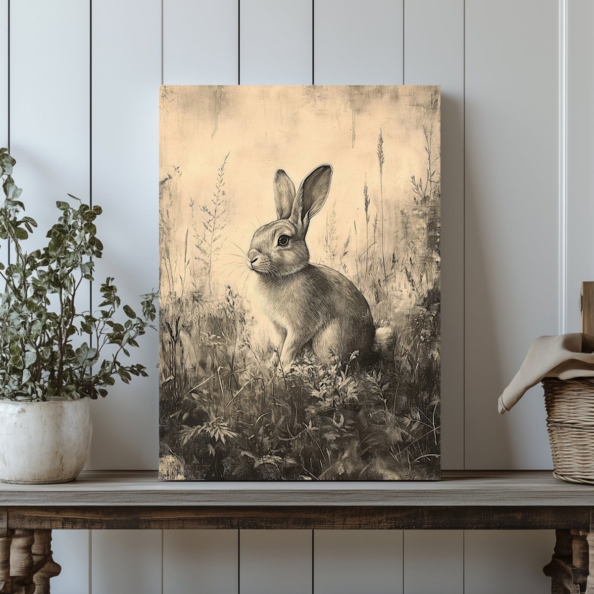 Vintage Rabbit Canvas Print – Monochrome Sketch of Bunny in Meadow for Nature - Inspired Spaces - Everything Pixel
