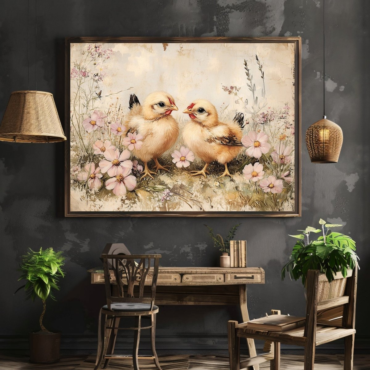 Vintage Spring Chicks Wall Art Print – Rustic Floral Meadow Farmhouse Decor - Everything Pixel