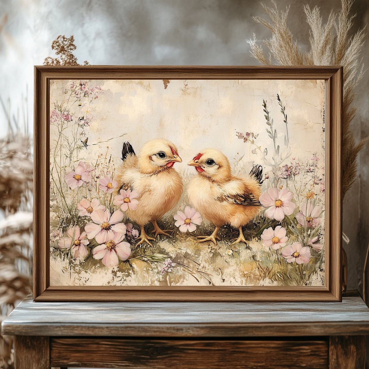 Vintage Spring Chicks Wall Art Print – Rustic Floral Meadow Farmhouse Decor - Everything Pixel
