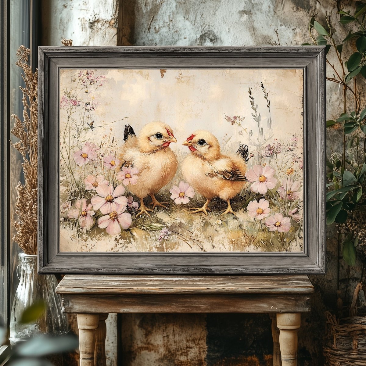 Vintage Spring Chicks Wall Art Print – Rustic Floral Meadow Farmhouse Decor - Everything Pixel