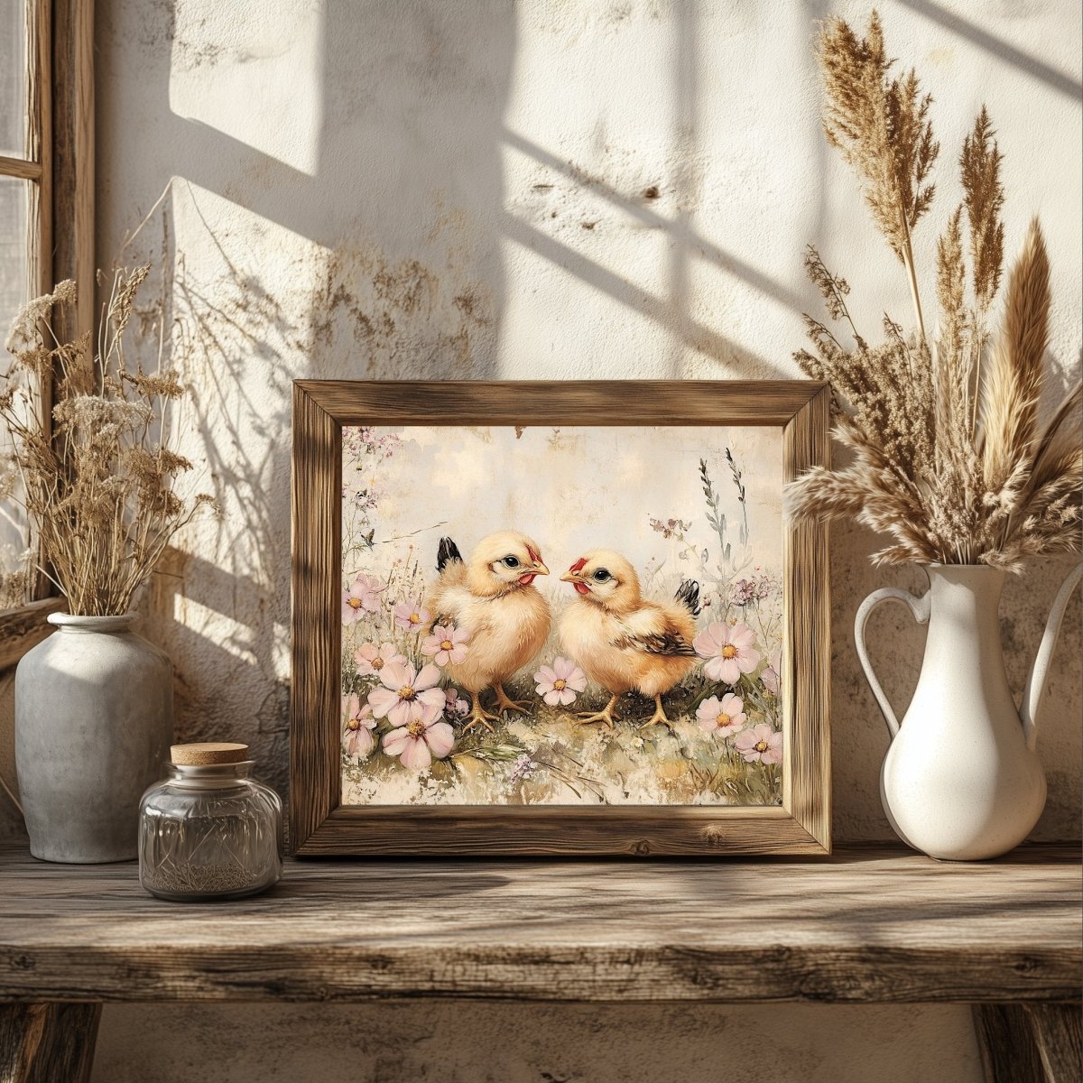 Vintage Spring Chicks Wall Art Print – Rustic Floral Meadow Farmhouse Decor - Everything Pixel