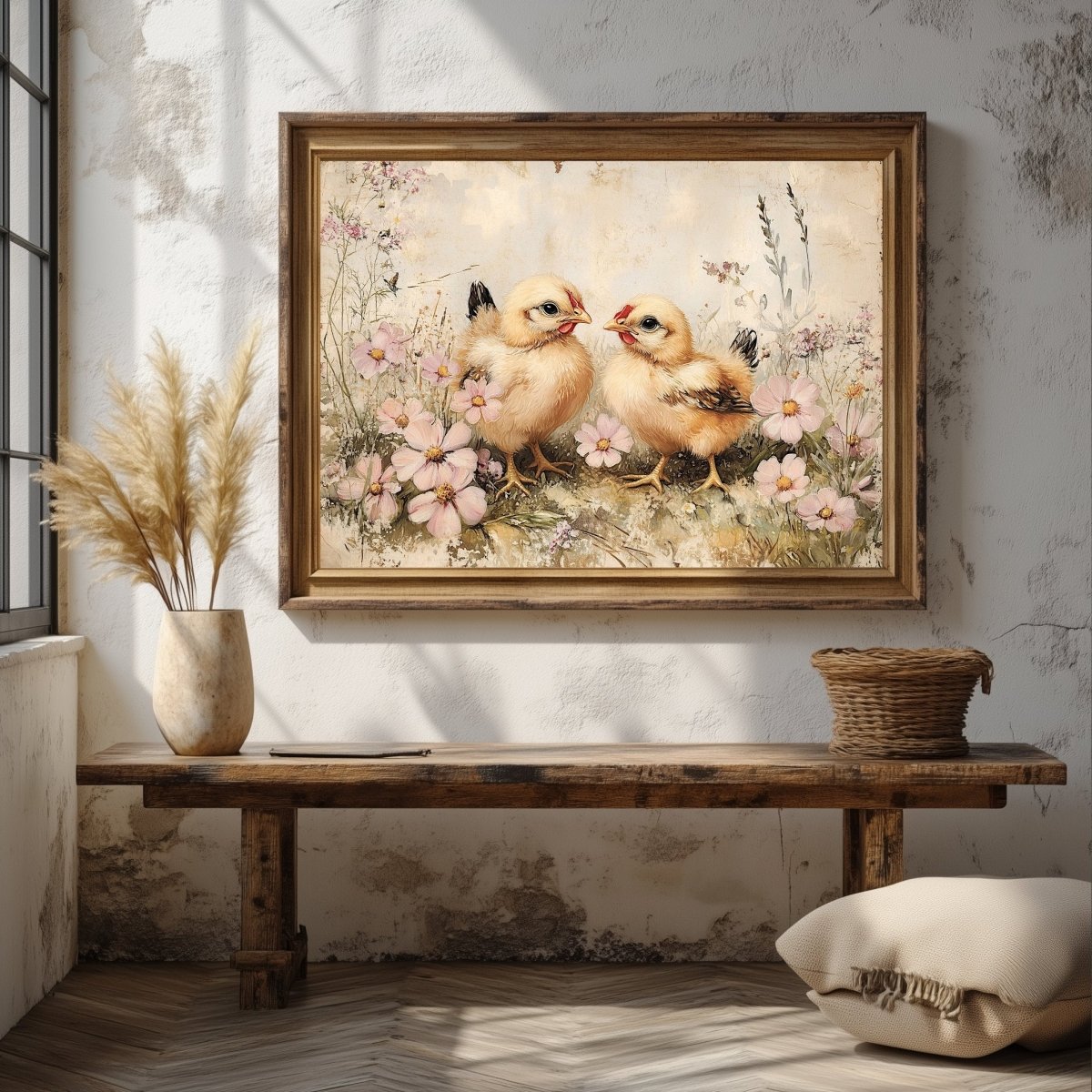 Vintage Spring Chicks Wall Art Print – Rustic Floral Meadow Farmhouse Decor - Everything Pixel