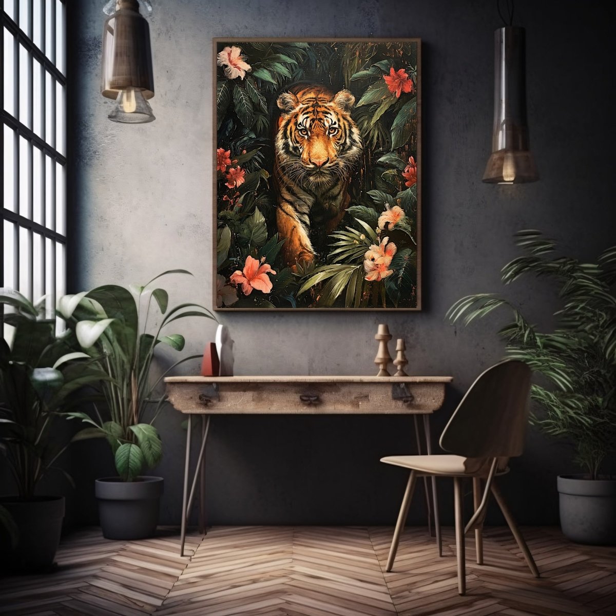 Vintage Tiger in Dark Jungle - Gothic Wall Art Print - Everything Pixel