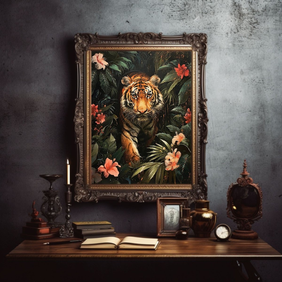 Vintage Tiger in Dark Jungle - Gothic Wall Art Print - Everything Pixel