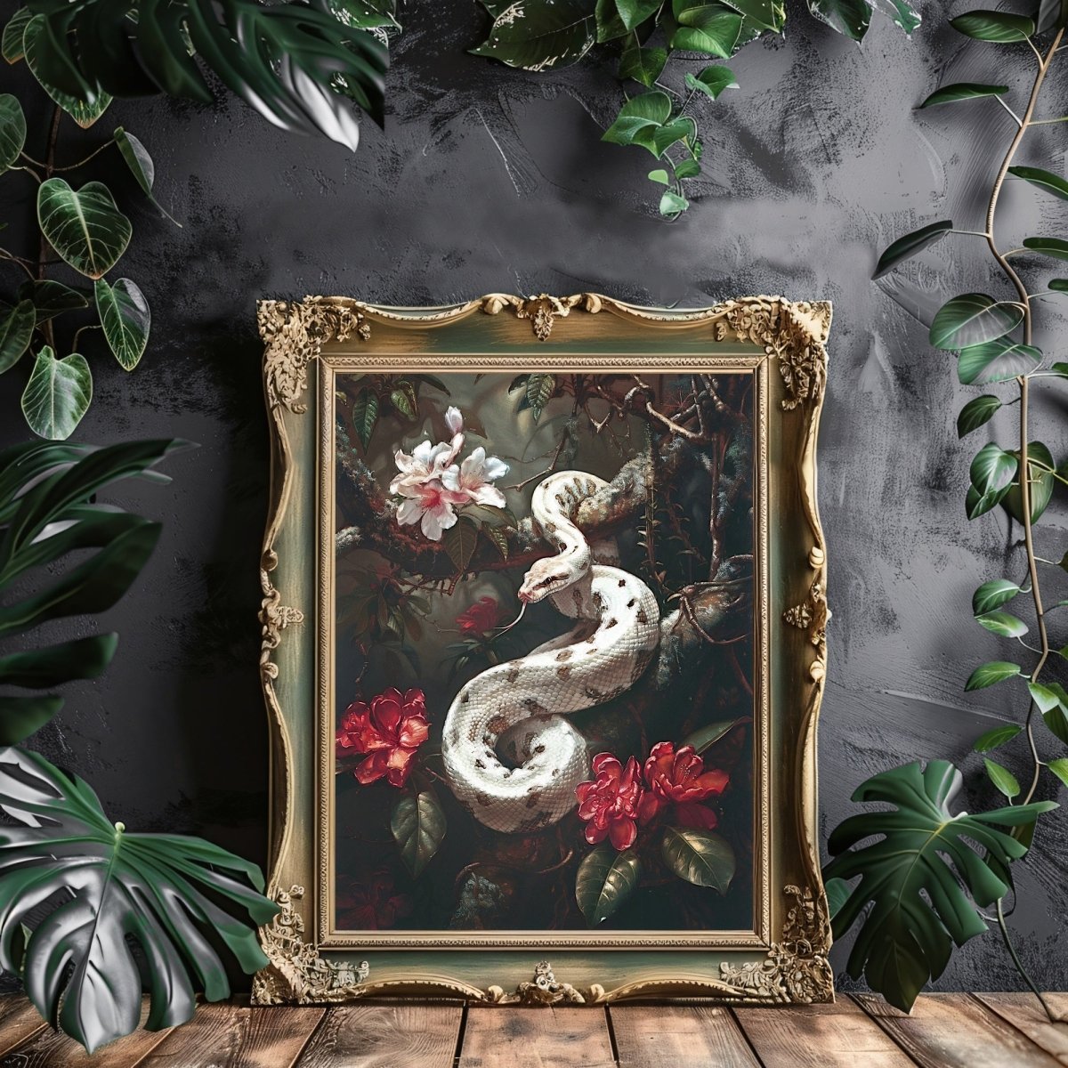 Vintage White Python in Dark Jungle - Gothic Wall Art Print - Everything Pixel